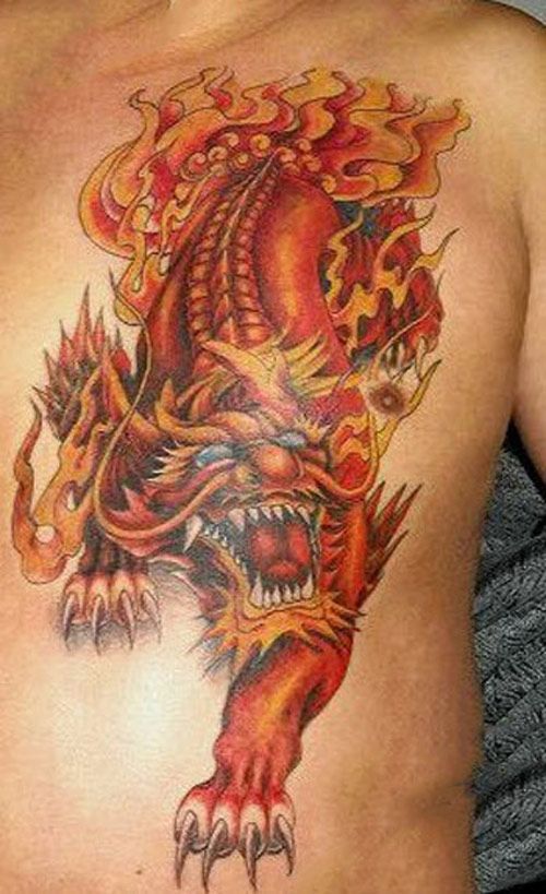 Hình tattoo kỳ lân hóa rồng với màu đỏ chủ đạo nổi bật, đẹp mắt